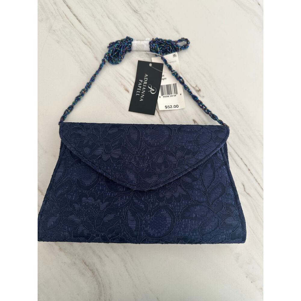 Adrianna Papell Seta Elegant Midnight Navy Lace Beaded Strap Evening Clutch NWT - Picture 8 of 11